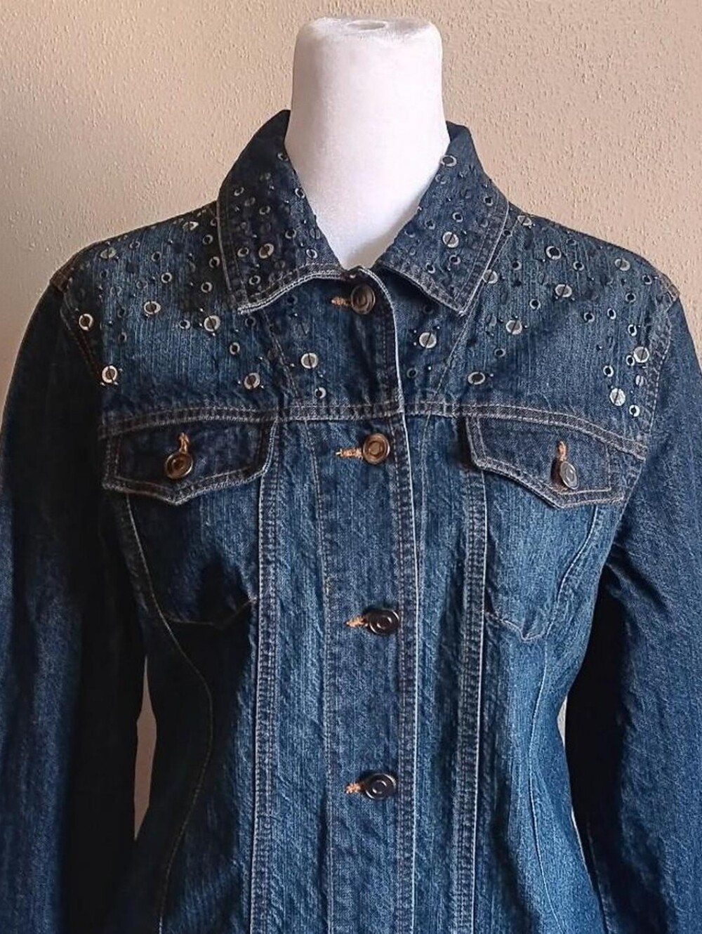 Western Grunge Westbound Denim Sequin Cotton Jacket Button Up Medium Blue Jean - Picture 5 of 9